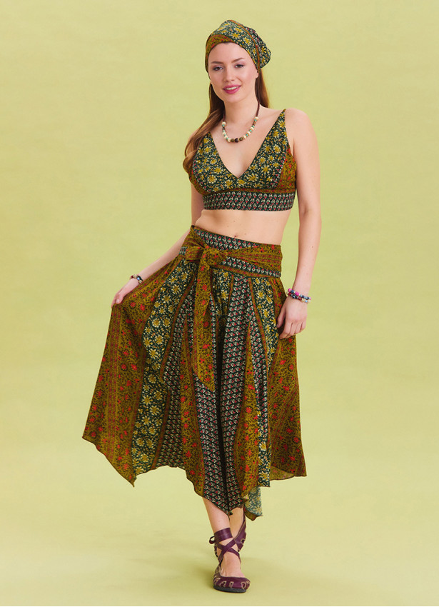 Green Patterned Asymmetrical Skirt with Gipe Detail and Tied Waist 4503